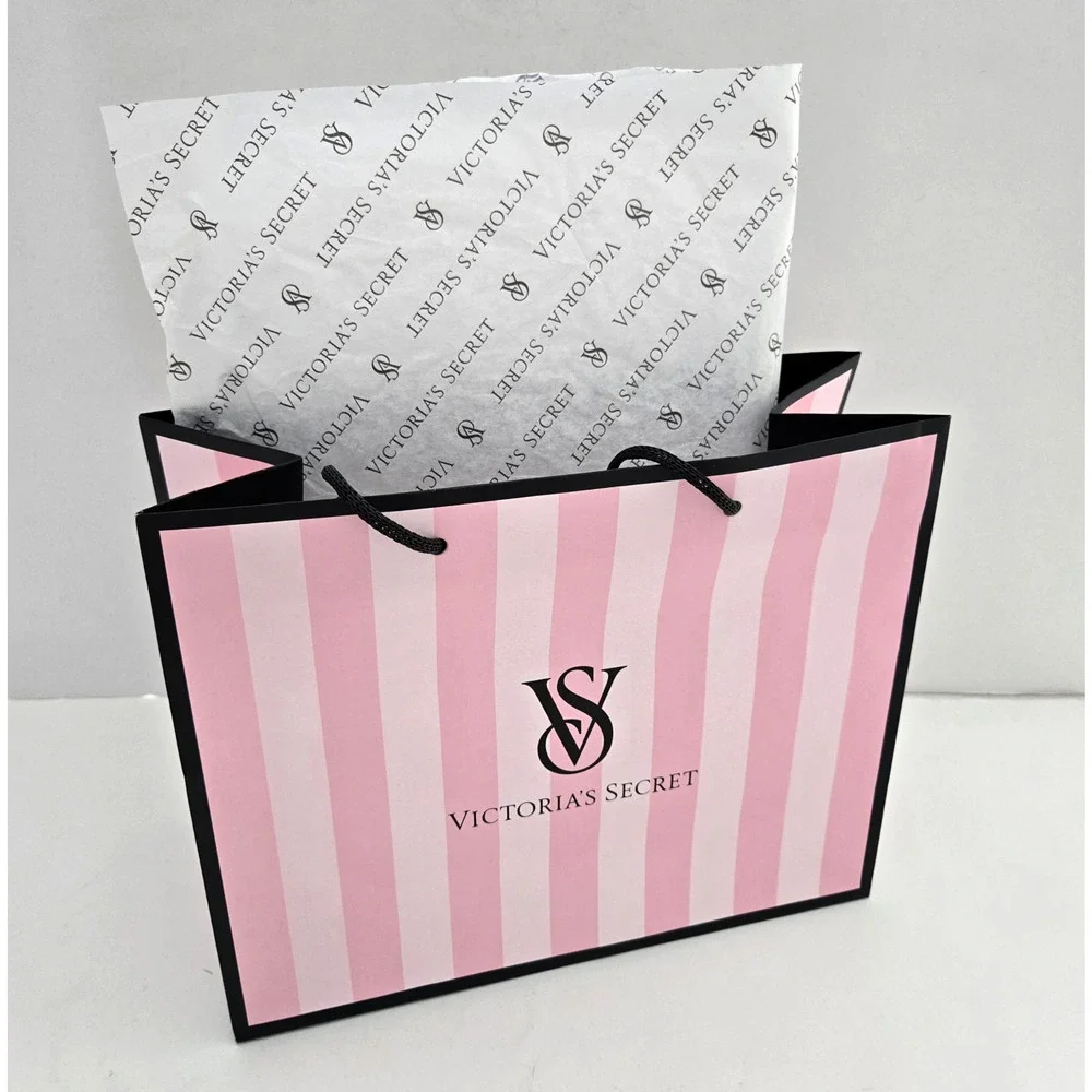 Victorias Secret Paper Shopping Gift Bag With Tissue Pink Black Glossy 11